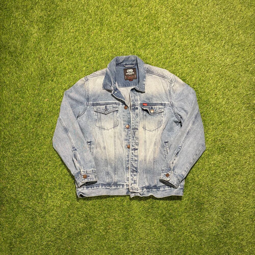 Ecko Unltd Denim Jacket XL Light Wash Trucker Graphic Back Streetwear
